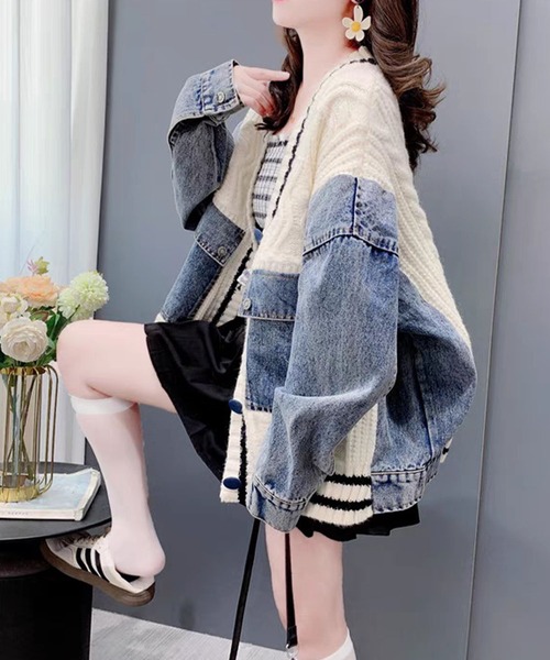GLAMOROUS JANE(グラマラスジェーン)の「デニム切替ラインリブニットカーデ(カーディガン/ボレロ・レディース・ブラック/オフホワイト・FREE)」の9枚目の写真
