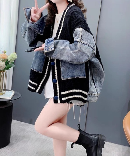 GLAMOROUS JANE(グラマラスジェーン)の「デニム切替ラインリブニットカーデ(カーディガン/ボレロ・レディース・ブラック/オフホワイト・FREE)」の4枚目の写真