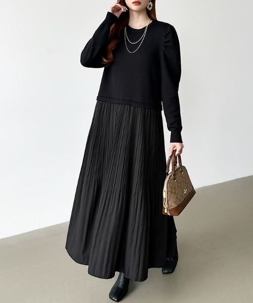 セール】ドッキングワンピース ニット ドッキング プリーツワンピース