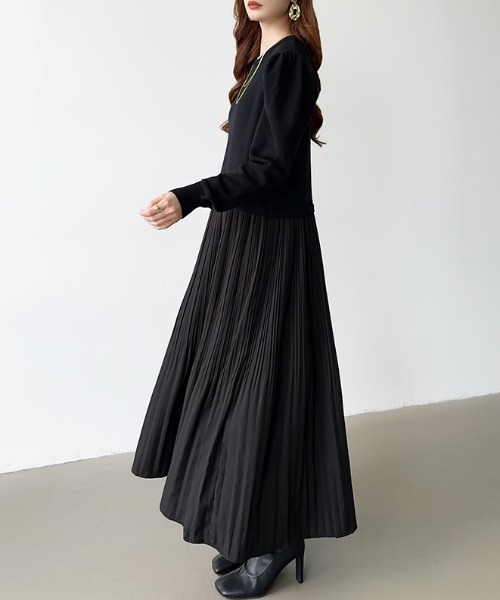 セール】ドッキングワンピース ニット ドッキング プリーツワンピース