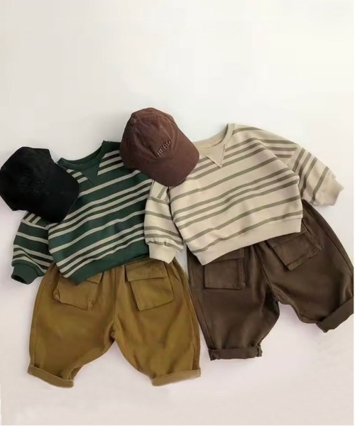 Bambin（ボンバン）の「【 Bambin / ボンバン 】 ボーダー 裏毛 スウェット（スウェット・キッズ・ライトベージュ/グリーン・110/120/130）」の3枚目の写真