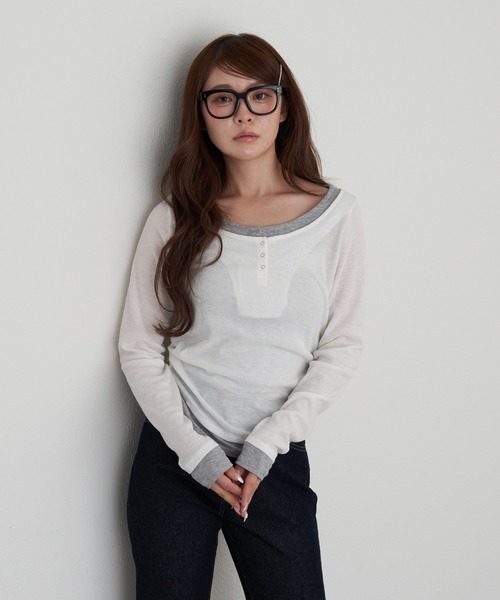 RAY CASSIN（レイカズン）の「UネックレイヤードヘンリーロンT（Tシャツ/カットソー・レディース・ベージュ/アイボリー/チャコールグレー・FREE）」の15枚目の写真