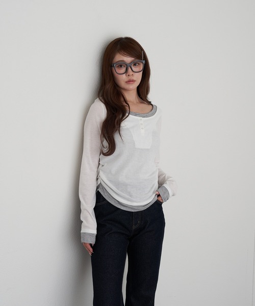 RAY CASSIN（レイカズン）の「UネックレイヤードヘンリーロンT（Tシャツ/カットソー・レディース・ベージュ/アイボリー/チャコールグレー・FREE）」の19枚目の写真