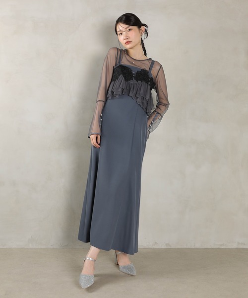 Kana（カナ）の「エンブロイダリーレース チュール フレア ビスチェ シアートップス Iラインドレス 3点セット パーティー 結婚式 お呼ばれ オケージョン（ドレス・レディース・ブラウン/ブラック/ブルー・M）」の3枚目の写真