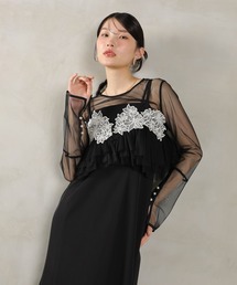 Kana | エンブロイダリーレース チュール フレア ビスチェ シアートップス Iラインドレス 3点セット パーティー 結婚式 お呼ばれ オケージョン(ドレス)