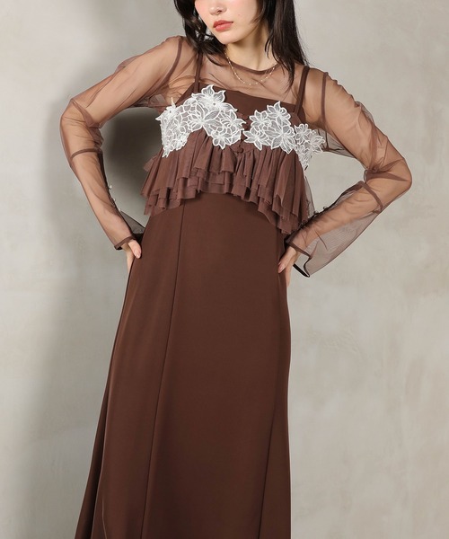 Kana（カナ）の「エンブロイダリーレース チュール フレア ビスチェ シアートップス Iラインドレス 3点セット パーティー 結婚式 お呼ばれ オケージョン（ドレス・レディース・ブラウン/ブラック/ブルー・M）」の13枚目の写真