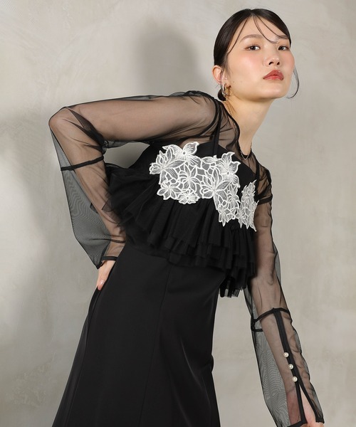 Kana（カナ）の「エンブロイダリーレース チュール フレア ビスチェ シアートップス Iラインドレス 3点セット パーティー 結婚式 お呼ばれ オケージョン（ドレス・レディース・ブラウン/ブラック/ブルー・M）」の6枚目の写真