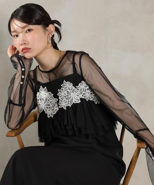 Kana（カナ）の「エンブロイダリーレース チュール フレア ビスチェ シアートップス Iラインドレス 3点セット パーティー 結婚式 お呼ばれ オケージョン（ドレス・レディース・ブラウン/ブラック/ブルー・M）」の8枚目の写真