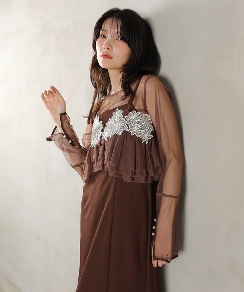 Kana（カナ）の「エンブロイダリーレース チュール フレア ビスチェ シアートップス Iラインドレス 3点セット パーティー 結婚式 お呼ばれ オケージョン（ドレス・レディース・ブラウン/ブラック/ブルー・M）」の16枚目の写真