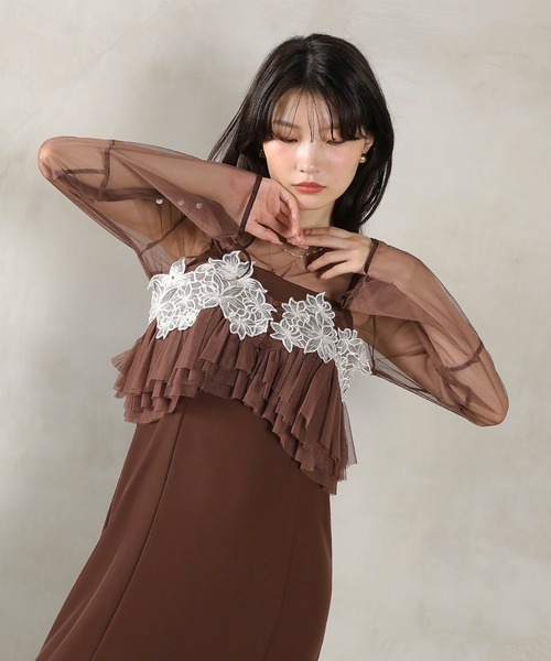 Kana（カナ）の「エンブロイダリーレース チュール フレア ビスチェ シアートップス Iラインドレス 3点セット パーティー 結婚式 お呼ばれ オケージョン（ドレス・レディース・ブラウン/ブラック/ブルー・M）」の17枚目の写真