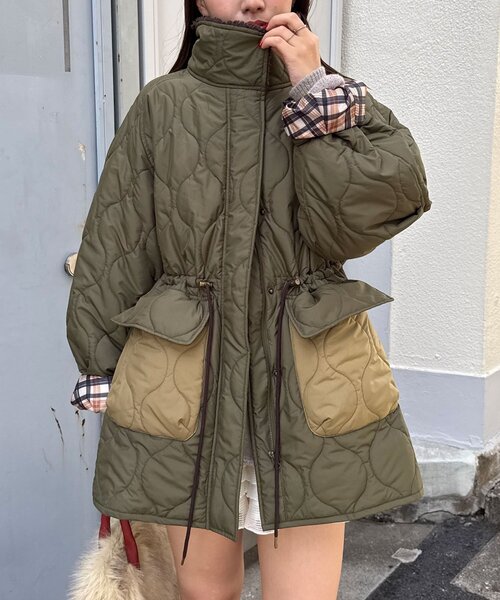 セール】襟ボア配色キルティングミドルコート（その他アウター