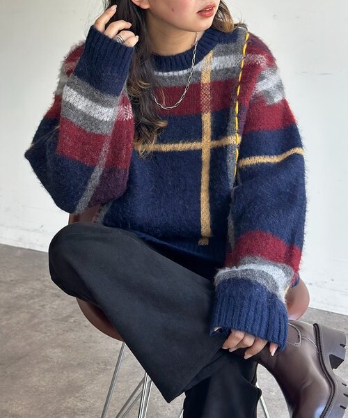 CPCM(シーピーシーエム)の「チェックシャギーステッチニット(ニット/セーター・レディース・アイボリー/ネイビー/グリーン・FREE)」の1枚目の写真