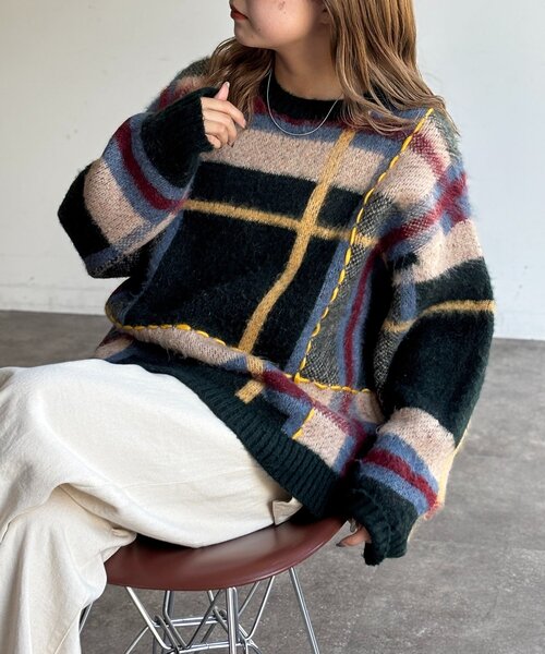 CPCM(シーピーシーエム)の「チェックシャギーステッチニット(ニット/セーター・レディース・アイボリー/ネイビー/グリーン・FREE)」の3枚目の写真