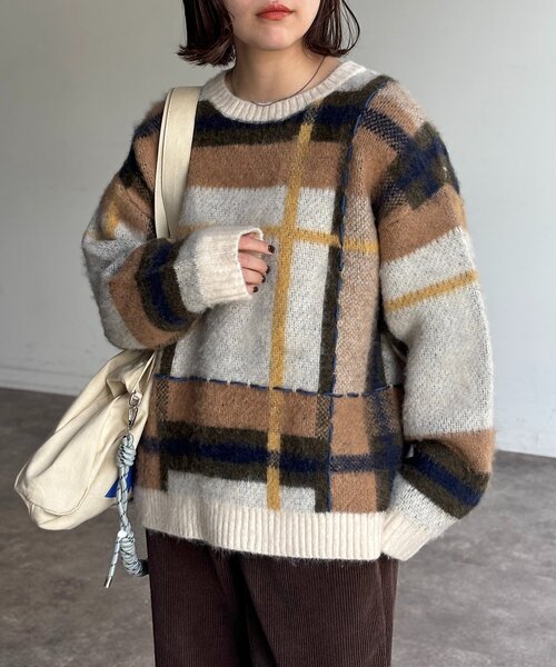 CPCM(シーピーシーエム)の「チェックシャギーステッチニット(ニット/セーター・レディース・アイボリー/ネイビー/グリーン・FREE)」の2枚目の写真