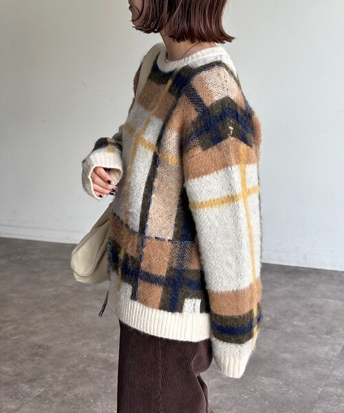 CPCM(シーピーシーエム)の「チェックシャギーステッチニット(ニット/セーター・レディース・アイボリー/ネイビー/グリーン・FREE)」の5枚目の写真