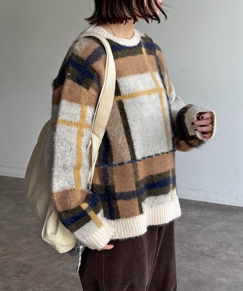 CPCM(シーピーシーエム)の「チェックシャギーステッチニット(ニット/セーター・レディース・アイボリー/ネイビー/グリーン・FREE)」の7枚目の写真