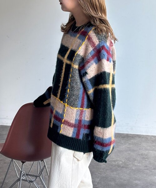 CPCM(シーピーシーエム)の「チェックシャギーステッチニット(ニット/セーター・レディース・アイボリー/ネイビー/グリーン・FREE)」の11枚目の写真