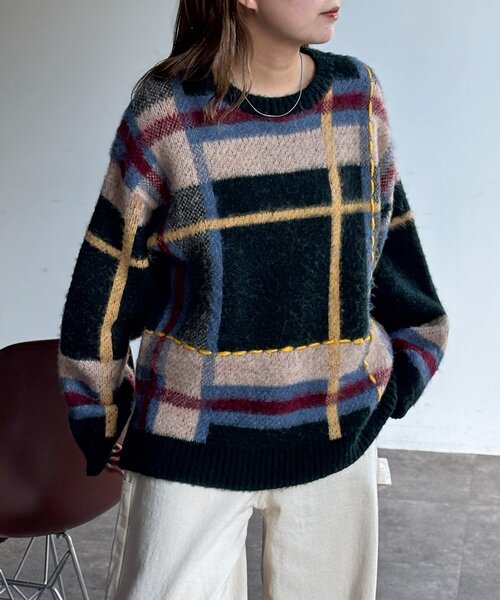 CPCM(シーピーシーエム)の「チェックシャギーステッチニット(ニット/セーター・レディース・アイボリー/ネイビー/グリーン・FREE)」の14枚目の写真