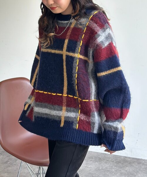 CPCM(シーピーシーエム)の「チェックシャギーステッチニット(ニット/セーター・レディース・アイボリー/ネイビー/グリーン・FREE)」の21枚目の写真