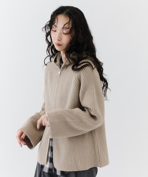 NUJOH(ヌゾ)の「Rib Hood Knit Cardigan / リブフードニットカーディガン(Tシャツ/カットソー・レディース・ベージュ/チャコールグレー/ライトブルー・FREE)」の2枚目の写真