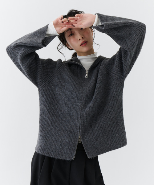 NUJOH(ヌゾ)の「Rib Hood Knit Cardigan / リブフードニットカーディガン(Tシャツ/カットソー・レディース・ベージュ/チャコールグレー/ライトブルー・FREE)」の1枚目の写真