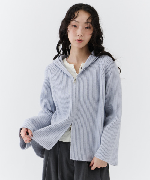 NUJOH(ヌゾ)の「Rib Hood Knit Cardigan / リブフードニットカーディガン(Tシャツ/カットソー・レディース・ベージュ/チャコールグレー/ライトブルー・FREE)」の3枚目の写真