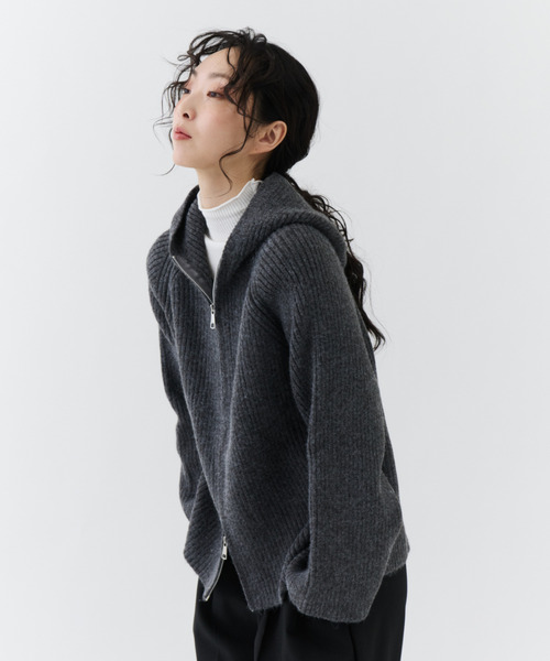 NUJOH(ヌゾ)の「Rib Hood Knit Cardigan / リブフードニットカーディガン(Tシャツ/カットソー・レディース・ベージュ/チャコールグレー/ライトブルー・FREE)」の5枚目の写真