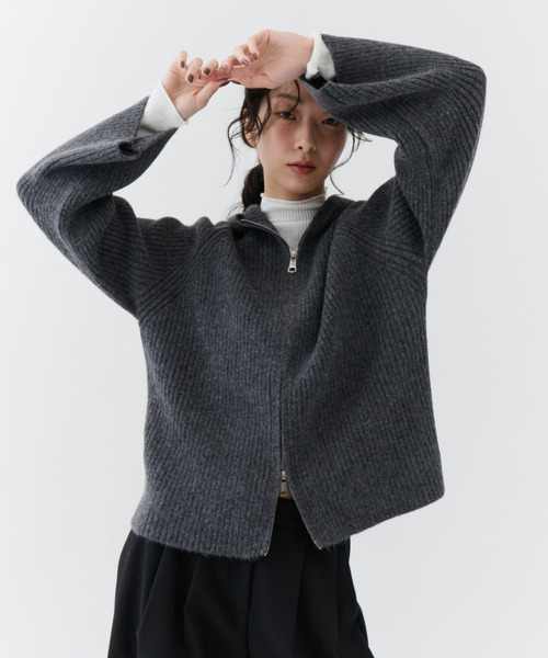 NUJOH(ヌゾ)の「Rib Hood Knit Cardigan / リブフードニットカーディガン(Tシャツ/カットソー・レディース・ベージュ/チャコールグレー/ライトブルー・FREE)」の6枚目の写真
