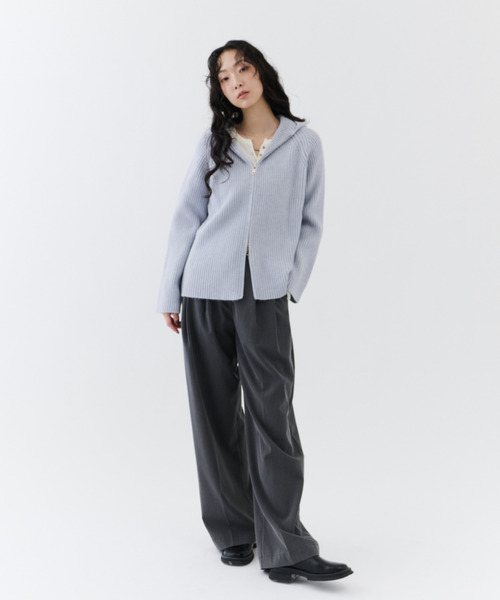 NUJOH(ヌゾ)の「Rib Hood Knit Cardigan / リブフードニットカーディガン(Tシャツ/カットソー・レディース・ベージュ/チャコールグレー/ライトブルー・FREE)」の7枚目の写真