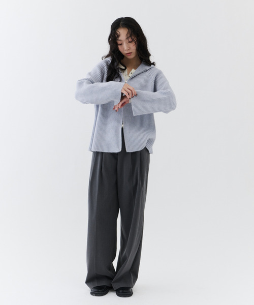 NUJOH(ヌゾ)の「Rib Hood Knit Cardigan / リブフードニットカーディガン(Tシャツ/カットソー・レディース・ベージュ/チャコールグレー/ライトブルー・FREE)」の9枚目の写真