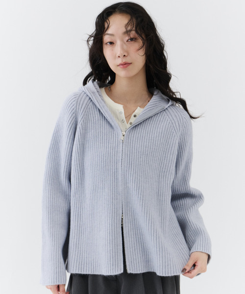 NUJOH(ヌゾ)の「Rib Hood Knit Cardigan / リブフードニットカーディガン(Tシャツ/カットソー・レディース・ベージュ/チャコールグレー/ライトブルー・FREE)」の13枚目の写真