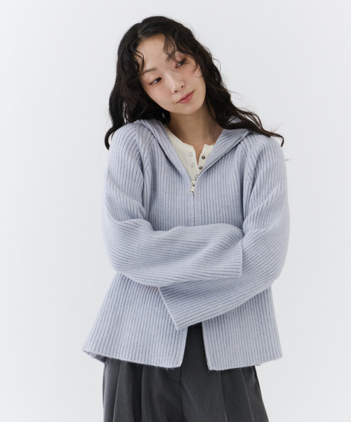 NUJOH(ヌゾ)の「Rib Hood Knit Cardigan / リブフードニットカーディガン(Tシャツ/カットソー・レディース・ベージュ/チャコールグレー/ライトブルー・FREE)」の14枚目の写真