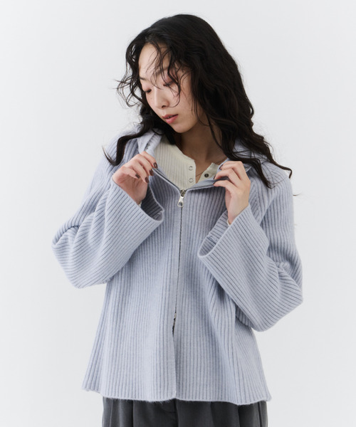 NUJOH(ヌゾ)の「Rib Hood Knit Cardigan / リブフードニットカーディガン(Tシャツ/カットソー・レディース・ベージュ/チャコールグレー/ライトブルー・FREE)」の15枚目の写真