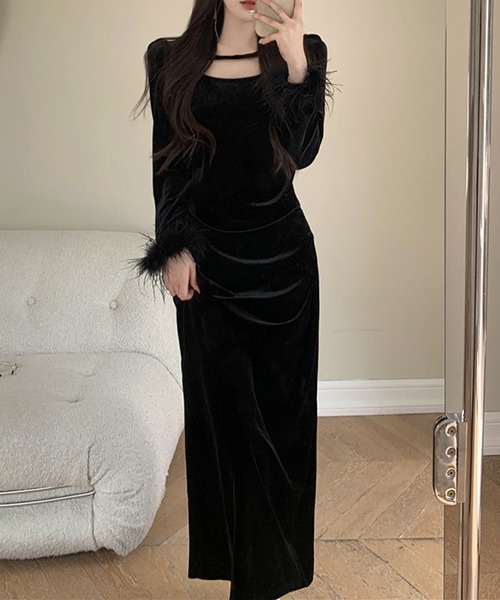 セール】YUGA ベルベット スリムウエストロングドレス（ワンピース