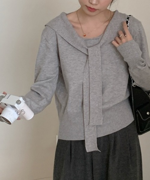 ReRe(リリ)の「Vネック配色ボーダーニットトップス(ニット/セーター・レディース・ブラック×ベージュ/ブルーグレー/グレー/ベージュ/ブラック・FREE)」の9枚目の写真