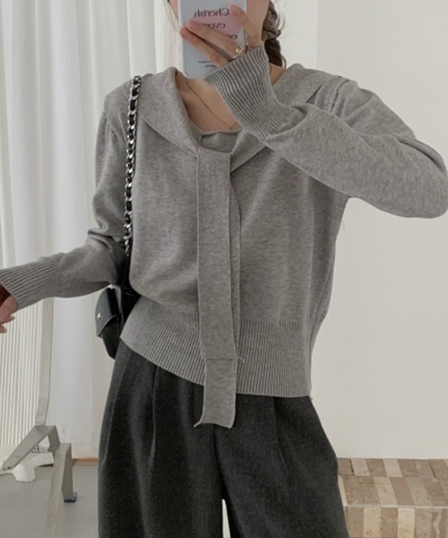 ReRe(リリ)の「Vネック配色ボーダーニットトップス(ニット/セーター・レディース・ブラック×ベージュ/ブルーグレー/グレー/ベージュ/ブラック・FREE)」の10枚目の写真