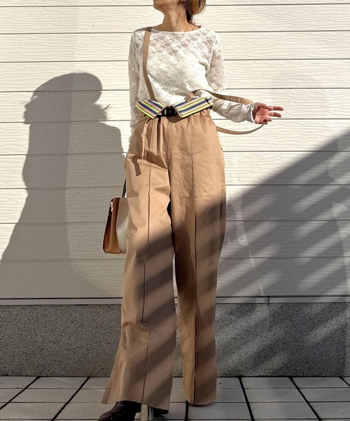 Q(キュー)の「ボーダーリブサスペ2wayパンツ(その他パンツ・レディース・ベージュ/ブラック・MEDIUM)」の1枚目の写真