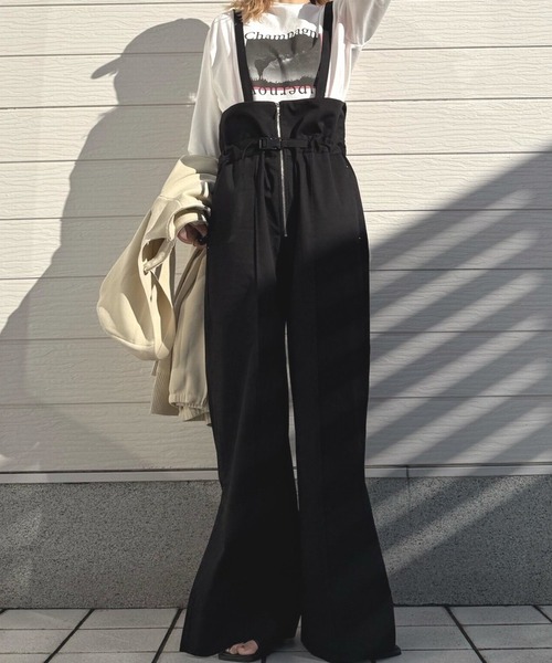 Q(キュー)の「ボーダーリブサスペ2wayパンツ(その他パンツ・レディース・ベージュ/ブラック・MEDIUM)」の4枚目の写真