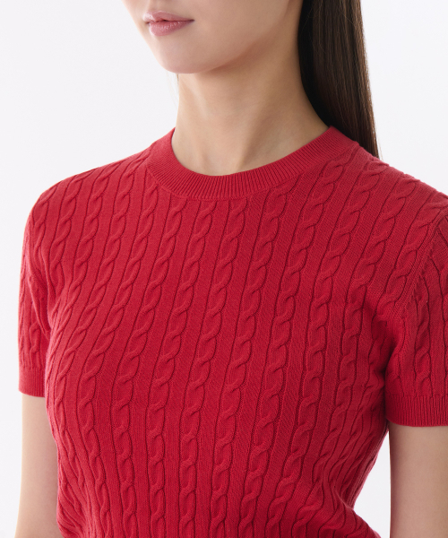 MUSINSA STANDARD WOMAN（ムシンサスタンダードウーマン）の「ウィメンズケーブルクルーネック半袖ニット[レッド]（ニット/セーター・レディース・その他・MEDIUM/SMALL/X-SMALL/LARGE）」の3枚目の写真