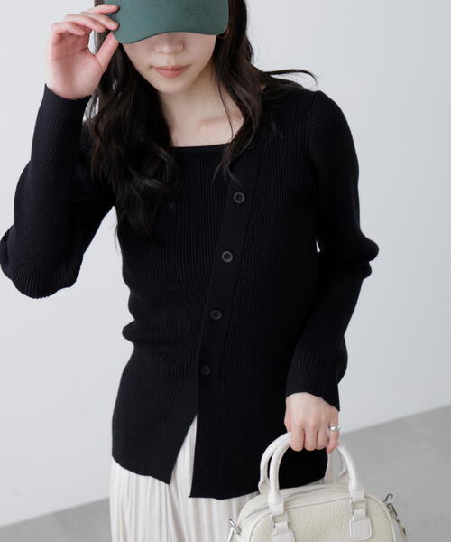 FREE'S MART(フリーズマート)の「◆アシメボタンリブニット(ニット/セーター・レディース・イエロー/グレー/ブラック・FREE)」の2枚目の写真