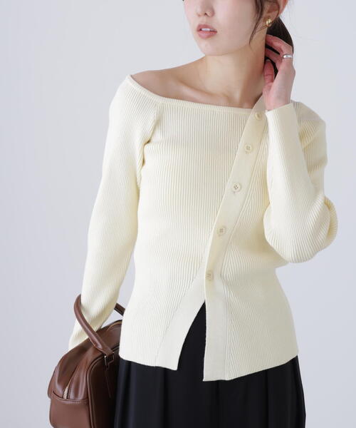 FREE'S MART(フリーズマート)の「◆アシメボタンリブニット(ニット/セーター・レディース・イエロー/グレー/ブラック・FREE)」の1枚目の写真