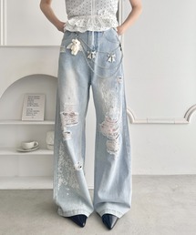 Loueme | クラッシュレースプリントデニムパンツ(デニムパンツ)