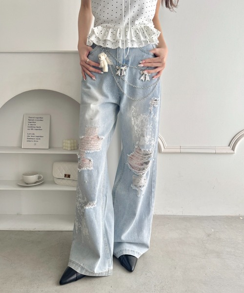 Loueme（ルエム）の「クラッシュレースプリントデニムパンツ（デニムパンツ・レディース・ライトブルー・M/S）」の6枚目の写真