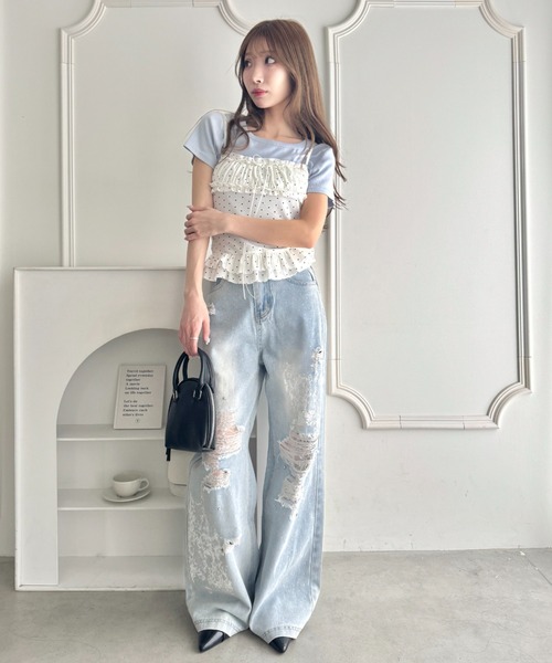 Loueme（ルエム）の「クラッシュレースプリントデニムパンツ（デニムパンツ・レディース・ライトブルー・M/S）」の9枚目の写真