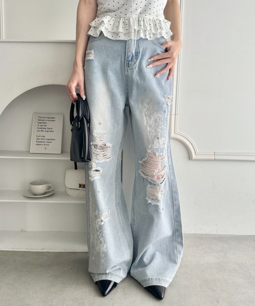 Loueme（ルエム）の「クラッシュレースプリントデニムパンツ（デニムパンツ・レディース・ライトブルー・M/S）」の4枚目の写真