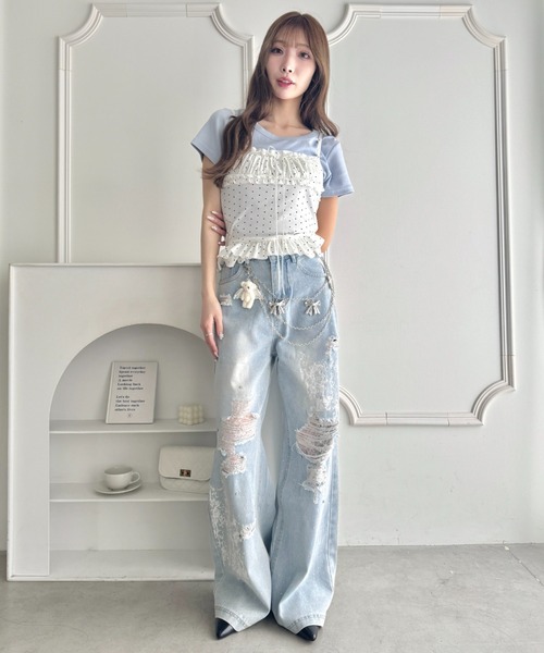 Loueme（ルエム）の「クラッシュレースプリントデニムパンツ（デニムパンツ・レディース・ライトブルー・M/S）」の8枚目の写真