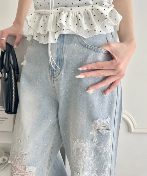 Loueme（ルエム）の「クラッシュレースプリントデニムパンツ（デニムパンツ・レディース・ライトブルー・M/S）」の2枚目の写真