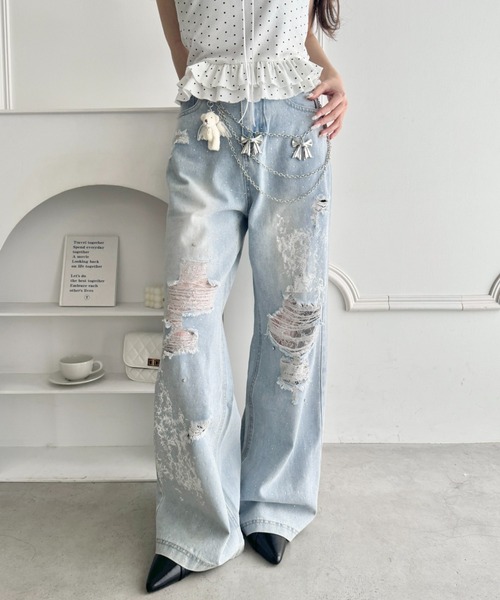 Loueme（ルエム）の「クラッシュレースプリントデニムパンツ（デニムパンツ・レディース・ライトブルー・M/S）」の5枚目の写真