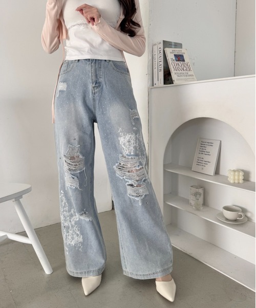 Loueme（ルエム）の「クラッシュレースプリントデニムパンツ（デニムパンツ・レディース・ライトブルー・M/S）」の11枚目の写真