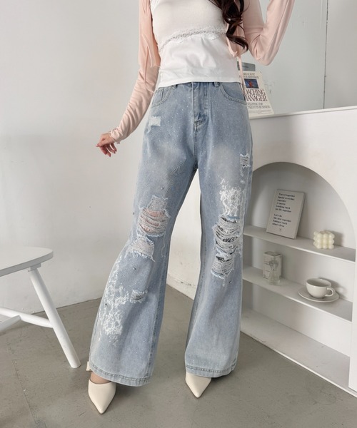 Loueme（ルエム）の「クラッシュレースプリントデニムパンツ（デニムパンツ・レディース・ライトブルー・M/S）」の12枚目の写真